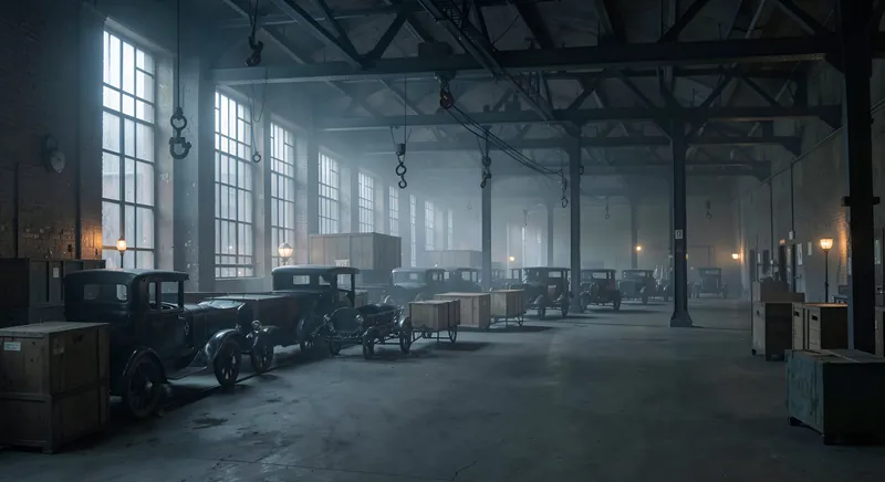 Fabrikhalle mit Oldtimern, 1930